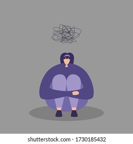 Mental health, a young depressive woman hugs her knees. Vector flat illustration in modern style.