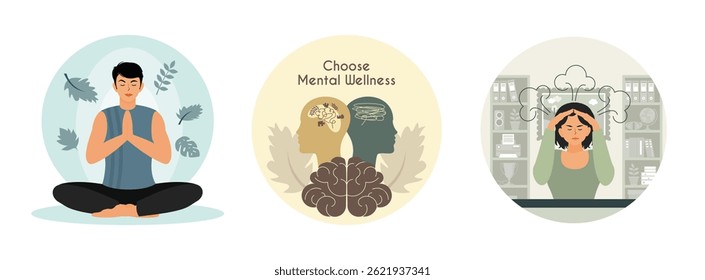 Mental health. Young man doing breathing exercise. Choose Mental Wellness, featuring human silhouettes and a brain graphic. Depression.  Frustrated young woman touch head surrounded by think. 