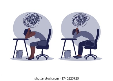 Mental health: Young, sad, unhappy, depressed african american woman and man . Concept depression, bad mood, stress. Flat vector illustration.