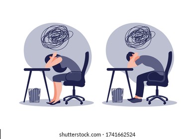 Mental health: Young, sad, unhappy, depressed woman and man . Concept depression, bad mood, stress. Flat vector illustration.