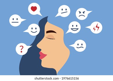 Mental health. Young woman with closed eyes thoughts emotions experiences. Vector illustration