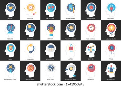 Mental healthy unhealthy thinking of human brain vector illustration set. Cartoon creative chessboard with abstract heads, brainstorm creativity imagination stress aspiration symbols inside background