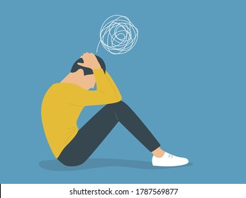 mental healthy, Young depressed male character sitting on the floor and holding their head, a tangled thread above their head, mental health issues