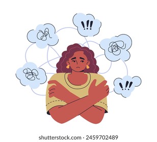 Mental heatlh concept. Woman surrounded by thought bubbles with exclamation marks and tangled lines. Concept of psychology, confusion or worry, mental health. Vector illustration isolated on white