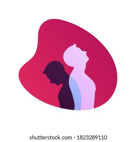 Mental help, psychotherapy and depression emotion concept. Vector flat illustration. Human silhouette in hope and despair emotional pose. Design element for psychology banner, poster, logo.