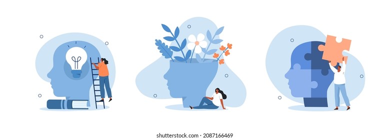 Mental hygiene and self development illustration set. Characters with healthy mentality relaxing, self-learning and easily solving problems. Psychotherapy concept. Vector illustration.