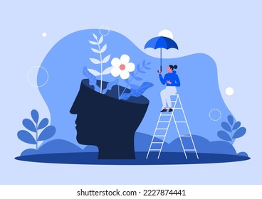 Mental hygiene and self development illustration set. Characters with healthy mentality relaxing, self-learning and easily solving problems. Psychotherapy concept. Vector illustration.