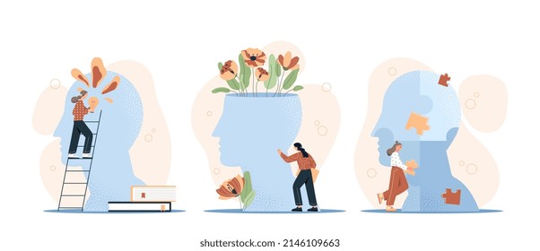 Mental hygiene and self development set. Young women solve problems, come up with ideas and self learning. Psychological balance. Cartoon modern flat vector collection isolated on white background