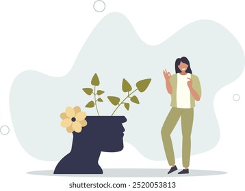 Higiene mental e autodesenvolvimento.Personagem com mentalidade saudável relaxante, design plano com as pessoas.