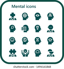 mental icon set. 16 filled mental icons.  Simple modern icons about  - Psychology, Mind, Intellectual, Psychologist, Autism, Mental disorder
