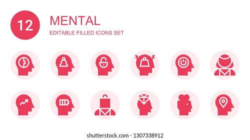 mental icon set. Collection of 12 filled mental icons included Mind, Stress, Psychologist