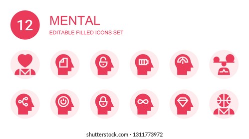 mental icon set. Collection of 12 filled mental icons included Mental health, Mind, Mindfulness, Psychologist