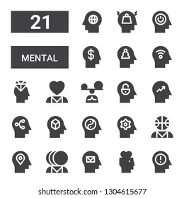 mental icon set. Collection of 21 filled mental icons included Mind, Mental health, Psychologist, Mindfulness, Stress