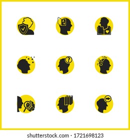 Mental icons set with ambitious person, creativity and psychiatrist elements. Set of mental icons and problem concept. Editable vector elements for logo app UI design.