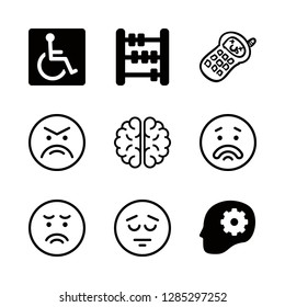mental icons set with brain, phone hand drawn toy and abacus calculating tool for maths vector set
