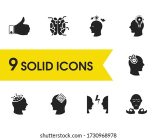 Mental icons set with cognitive process, meditation and approve elements. Set of mental icons and comfort concept. Editable vector elements for logo app UI design.