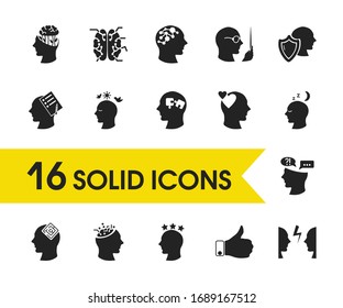 Mental icons set with love feelings, healthy sleep and cognitive process elements. Set of mental icons and learning concept. Editable vector elements for logo app UI design.