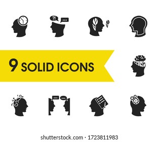 Mental icons set with personality, brain process and planning elements. Set of mental icons and sensation concept. Editable vector elements for logo app UI design.