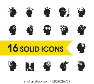 Mental icons set with relationship harmony, creativity and teaching elements. Set of mental icons and clean intellect concept. Editable vector elements for logo app UI design.