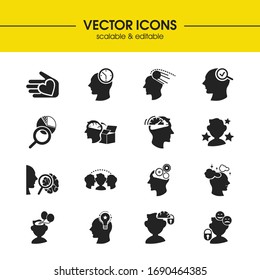 Mental icons set with time management, faster thinking and popular person elements. Set of mental icons and magnifying concept. Editable vector elements for logo app UI design.