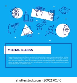 Mental illness banner in line style with place for text. Poster with psychological problems and disorders symbols. Vector illustration.