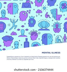 Mental illness banner with place for text. Poster with psychological problem symbols in colored line style. Vector illustration.
