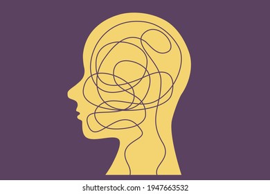 Mental illness also called mental health disorders concept illustration. Human head with a tangled line inside. Art for prints, banners thumbnails 