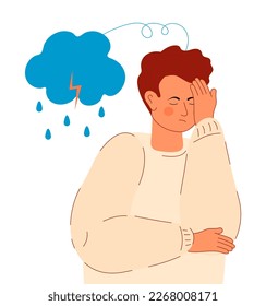 Konzept der psychischen Krankheit, Vektor. Charakterdepression, Stress. Angst, Krise, Tränen, Erschöpfung des Menschen. Symptome einer depressiven Störung. Der Mensch füllt Verlust, Überarbeit, Müdigkeit.