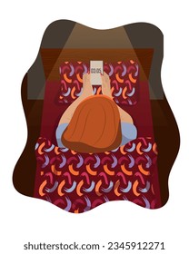 Mental illness concept. Womans insomnia at dawn. Lady lying in her bed with phone at early morning. Flat vector illustration of sleep disorder