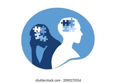 Mental illness and disorder concept. Head profile with of a healthy man and head profile with puzzle pieces falling apart. Vector illustration. Flat.