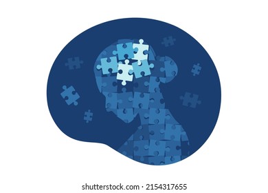Mental illness and disorder concept. Head head profile with puzzle pieces falling apart. Vector illustration. Flat