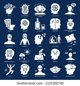 Mental illness icon set in flat style. Psychological problems and disorders collection. Vector illustration.