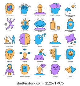 Mental illness icon set in line style. Psychological problems and disorders symbol collection. Vector illustration.