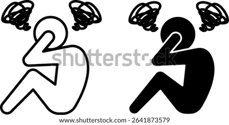 Mental Illness Icons. Black and White Vector Illustration. Man Sitting Holding His Head With Hands. Depression, Mental Disorder, Panic Attacks, Schizophrenia. Disability Concept