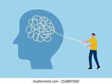 Mental illness psychotherapy concept vector illustration. Man untangle psychological tangle above human head. Mind therapy.