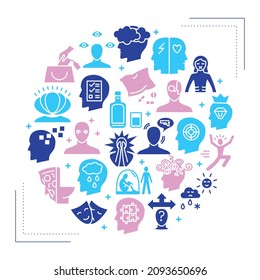 Mental illness round poster in flat style. Psychological problems and disorders banner. Vector illustration.