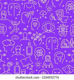 Mental illness seamless pattern in line style. Repeating backgound with mental disorder symbols. Vector illustration.