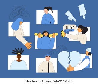 Mental illness at team work characters. Support group community for people with mental disorder. Online course of therapy for help each others. Vector flat outline concept illustration.