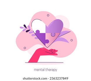 
Mental illness therapy. Character take care of mentality and learn self accepting. Mental health and psychotherapy concept. Vector illustration.