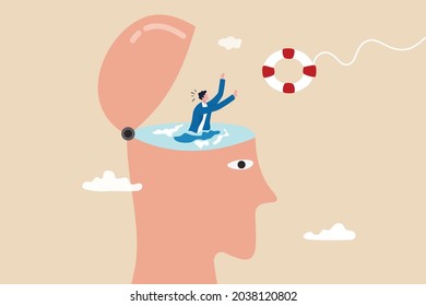 Mental illness therapy or help, depression or anxiety disorder rescue, psychology or stressed healing concept, therapist throw lifebuoy to help man drowning in his depressed brain.