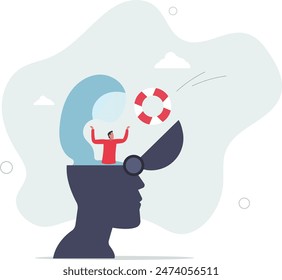 Terapia de enfermedad mental o ayuda, depresión o trastorno de ansiedad, rescate, psicología o concepto de curación estresada. ilustración plana.
