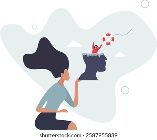 Mental illness therapy or help, depression or anxiety disorder rescue, psychology or stressed healing concept,flat character life .