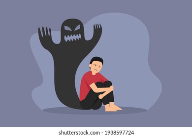 Mental illness vector concept: Man with schizophrenia illness hallucinating a dark shadow