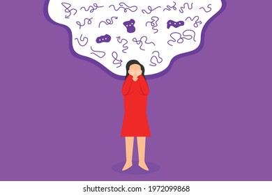 Mental illness vector concept: Stress woman covering her face with hand while standing with doodle over her head