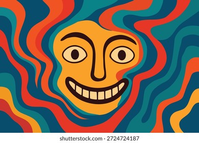 conceito de doenças mentais, rosto olhar com estranho sorrindo caprichoso, fundo líquido de fumaça de espiral colorido, vetor de desenhos animados	