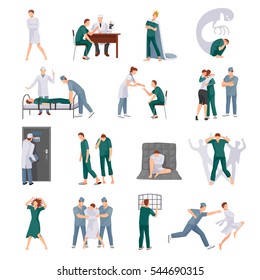 Mental illnesses icons set with mad people and medical staff in various situations isolated vector illustration