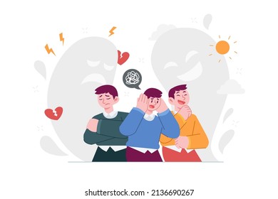 Mental ilness concept vector Illustration idea for landing page template, Bipolar disorder, emotional dual feeling problem, psychological behavioral trouble, anxiety.  Hand drawn Flat Style