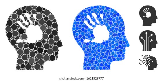 Mental imprinting mosaic of circle elements in various sizes and color tones, based on mental imprinting icon. Vector circle elements are combined into blue mosaic.