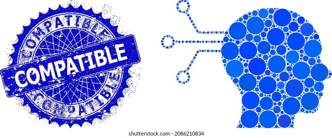 Mental interface vector composition of round dots in various sizes and blue color shades, and textured Compatible stamp. Blue round sharp rosette stamp includes Compatible title inside.