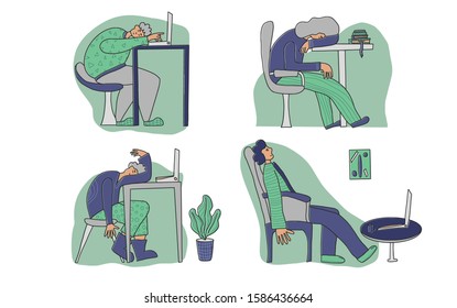 Mental issues concept. Tired persons sitting at the table and sleeping. Exhausted characters at work collection. Vector illustration.